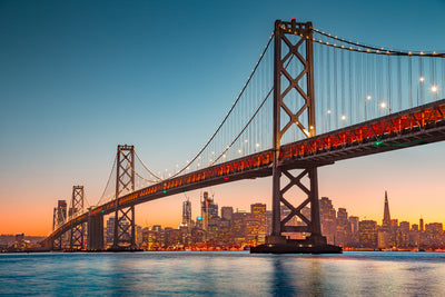 San Francisco Bridge with city skyline at sunset