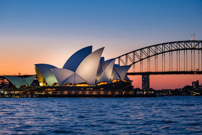 Sydney Opera House and Sydney Harbour Bridge at sunset