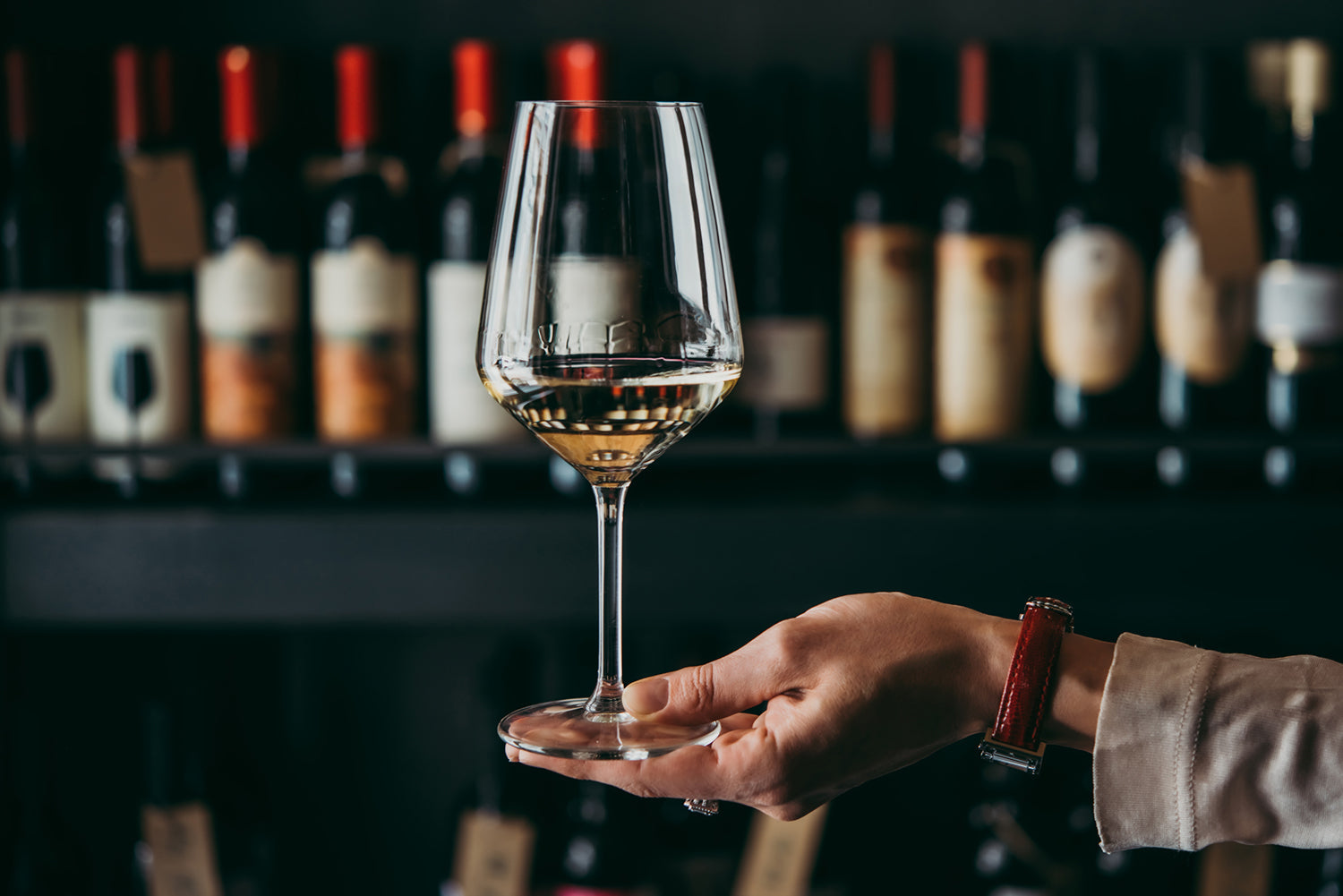 what is a sommelier: sommelier hand holding glass of white wine