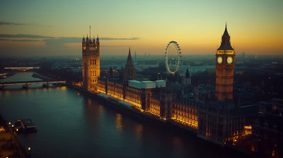 Aerial view of London at dusk with illuminated Big Ben and the London Eye.