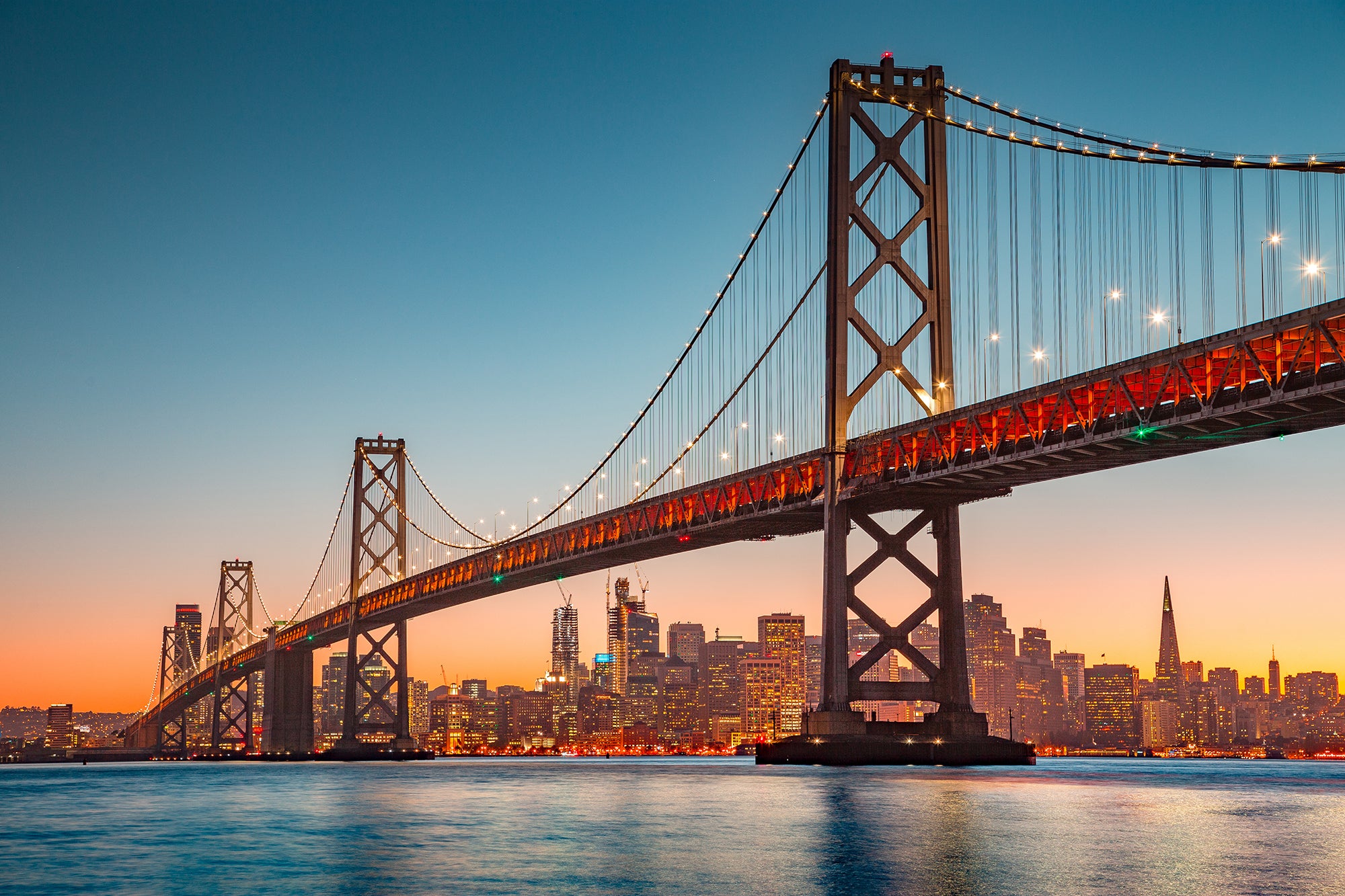 San Francisco Bridge with city skyline at sunset